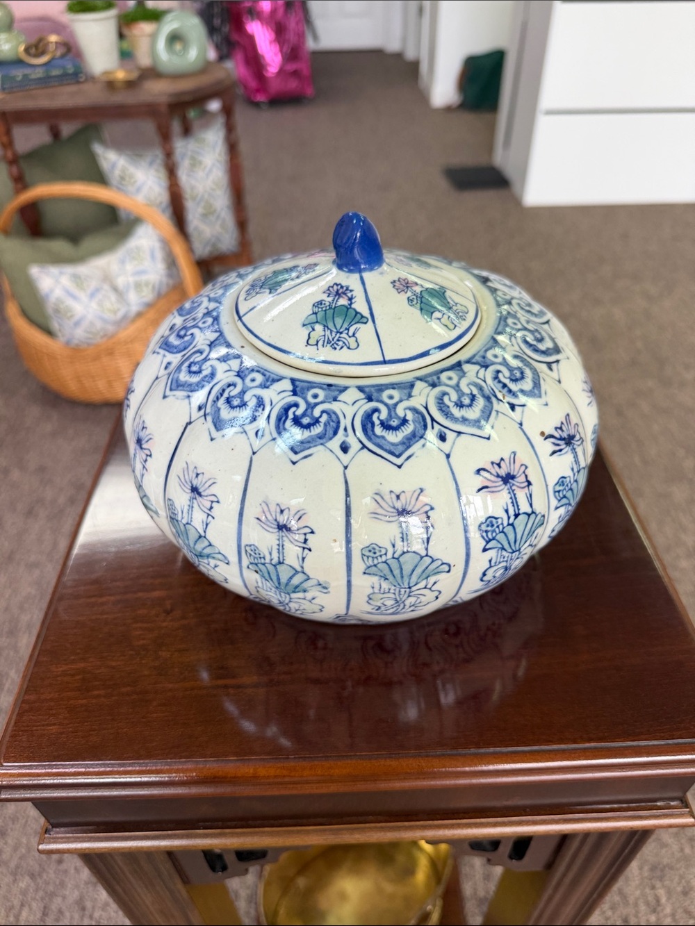 Blue and White Floral Lidded Ceramic Jar - Decorative Home Art